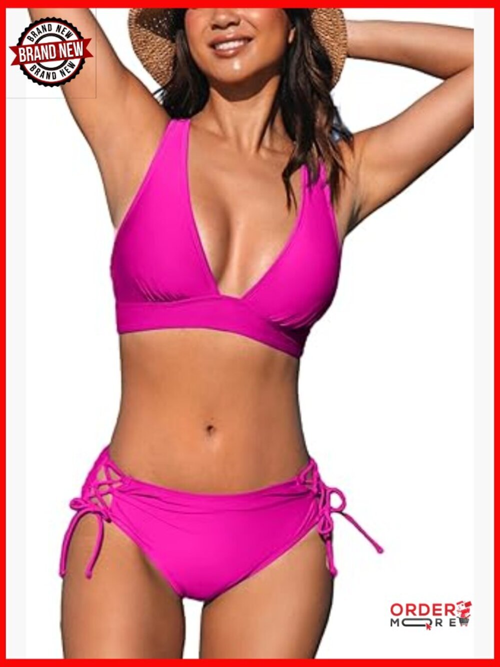 Two Piece Bikini Set V Neck Triangle Top Cross Back Lace Up Mid Rise Swimsuit